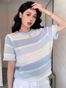 DAZY Loose Casual Business Office Wear Striped & Plaid Crochet Round Neck Pullover Knit Sweater Top For Women, Vacation Style - Blue - View 6