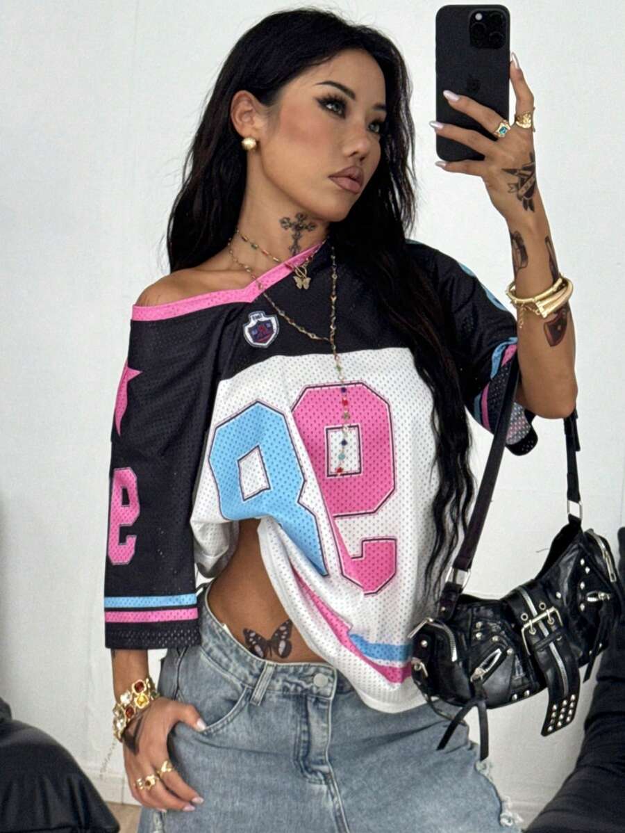 Coolane 女式休闲撞色拼接数字印花T恤，夏季