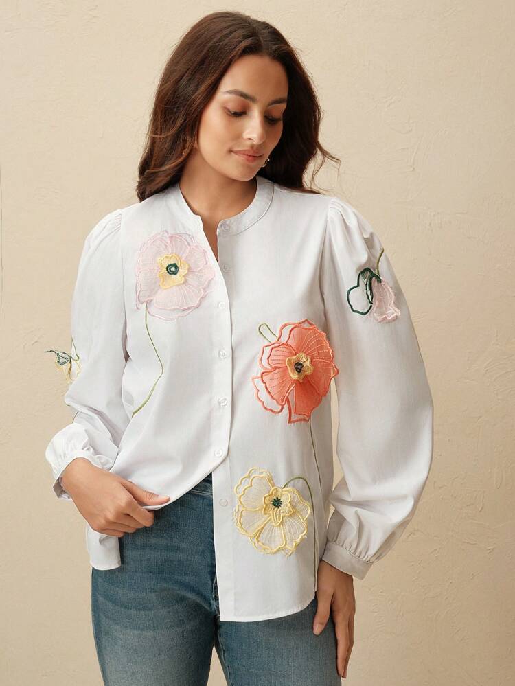 Spring/Summer 3D Floral Embroidered Fashion Resort Style Lantern Sleeve Loose Casual Round Neck Long Sleeve Blouse