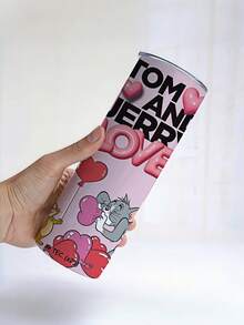 TOM & JERRY X SHEIN Taza divertida y linda con patrón de letras y dibujos animados, tapa de apertura a presión, capacidad grande de 20 onzas, ligera y portátil