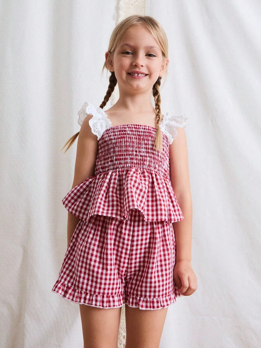 Maija Kids Maija Kids 小女孩刺绣吊带格子泡泡袖连衣裙背心短裤套装