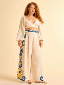 CAJUNI Plus Size Women's Holiday Style Tropical Floral Print Beige Loose Casual Pants For Summer