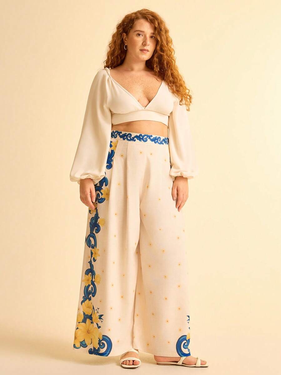 CAJUNI Plus Size Women's Holiday Style Tropical Floral Print Beige Loose Casual Pants For Summer