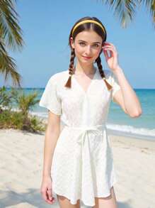 Teen Girls Solid Color Lace Drawstring Waist Bikini Cover Up White Lace Dress White Summer Dress White Beach Dress White Vacation Dress White Cover-Up DressIt Pairs Well With A One-Piece Swimsuit Set For A Vacation Beach