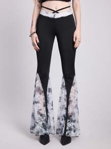 ROMWE Goth Pantalones largos de campana con diseño de encaje y venda de estilo gótico de cintura baja para mujeres - Negro - Ver 1