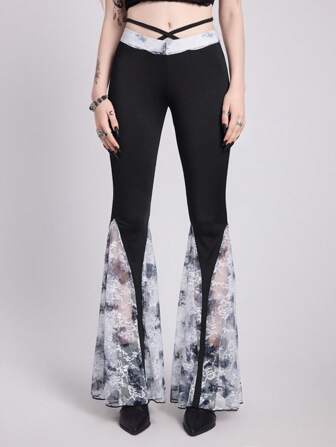 Goth Gotischer Stil Schlaghose mit tailliertem Bund, Spitzen- und Bandagen-Patchwork für Damen