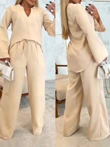 INAWLY Set de 2 piezas de camisa de manga larga holgada y pantalones rectos informales