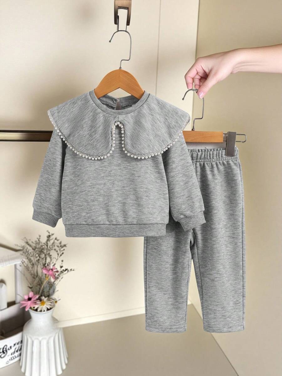 SHEIN Playful Pals 女婴婴幼儿0-3岁秋冬简约高领长袖卫衣+裤子两件套服装，碎花灰色 - 灰色 - 查看 1