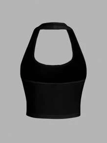 SHEIN EZwear 休闲系带露背无袖修身吊带背心，适合夏季穿着，蝴蝶结装饰，蝴蝶结肩带，返校季必备单品，白色露脐紧身细肩带背心，适合大码女性，夏季 - 黑色 - 查看 2