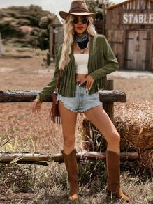 SHEIN VCAY Chaqueta de mujer de unicolor con flecos en el frente abierto para otoño/invierno - Verde militar - Ver 6