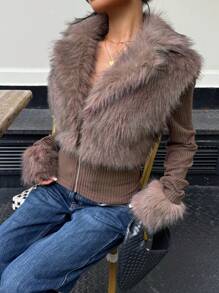 SHEIN EZwear Fashionable Street Style Faux Fur Zipper Long Sleeve Jacket For Women,Fall Clothes