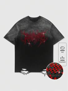 ROMWE MEN Street Life Men's Goth Rhinestone Decor Ombre Round Neck Casual Short Sleeve T-Shirt - Black - View 1