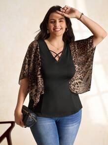 SHEIN Clasi T-shirt mode à manches volantées, patchwork imprimé léopard contrasté, tailles grandes - Multicolore - Voir 4