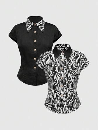 J-Fashion Camisa básica reversible con estampado de leopardo negro en estilo Harajuku Y2K