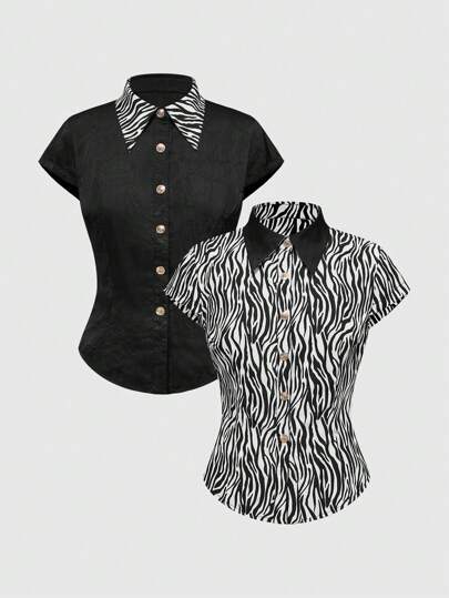 J-Fashion Umkehrbares Y2K Harajuku-Stil Basis T-Shirt in Schwarz mit Leopard Muster