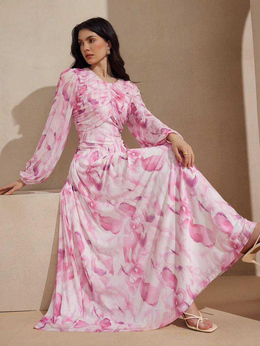 Graceveil Váy voan mỏng in hoa thanh lịch cho nữ, kín đáo, phù hợp cho kỳ nghỉ/phong cách Ả Rập, mùa xuân/hè - Nhiều màu - Xem 1