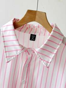 SHEIN 加大码条纹数码印花衬衫，背面图案印花，心形、英文单词和泼墨，休闲舒适，日常衬衫，适合家庭/母女穿着 - 彩色 - 查看 5