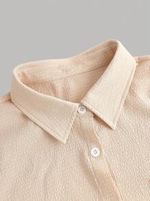 3 PiecesTween Girl Casual/Home Loose Drop Shoulder Lapel Button-Up Woven Texture Shirt, Fitted Stretchy Knit Camisole And Matching Shorts Set, Khaki & Apricot, Suitable For Home, Outgoing, Back To School And More Occasions