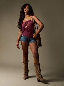 MISSGUIDED Asymmetric One Shoulder Ruched Cami Top Festival Concert Party Club Night Out Casual Summer Spring Essential Basic Tank - Purple - View 3