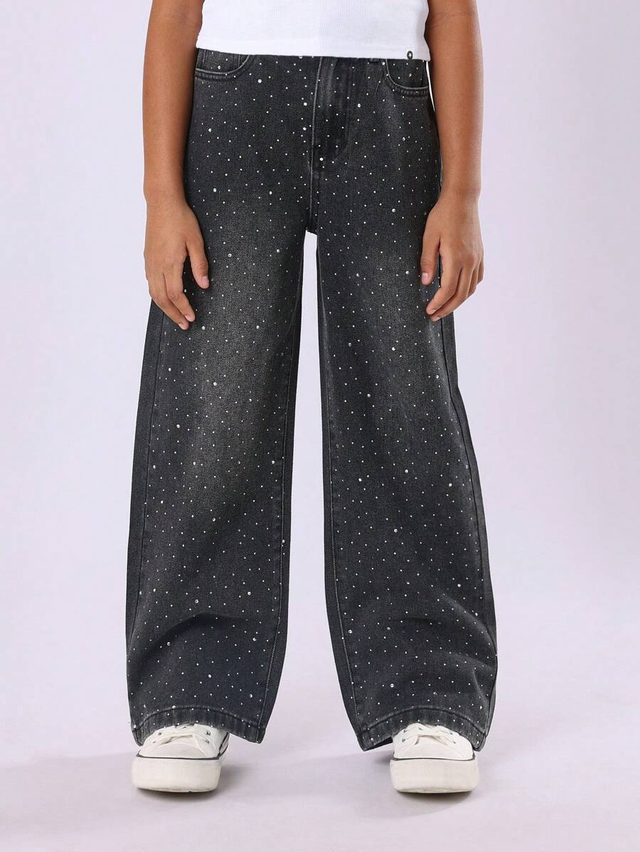 SUMWON Quần Jeans Denim Lấp Lánh Sao Diamante Ống Rộng Đính Pha Lê Trang Trí Quần Dài Dự Tiệc Mùa Đông Lễ Hội - màu đen - Xem 1