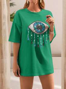 EURMUSE Woman Casual Solid Color Short Sleeve Oversize T-Shirt Sequin Embroider Front - Green - View 4