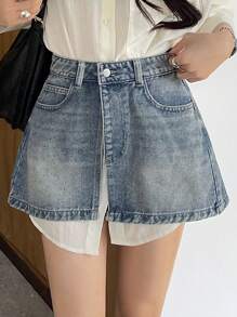 DAZY Women's Denim Wrap Skirt With Side Slit Jeans Skirt - Medium Wash - View 3