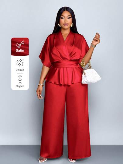 SOLERSUN Christmas Plus Size Women's Spring And Summer Fashion Solid Color Elegant V-Neck Stylish Exquisite Short Sleeve Satin Asymmetric Hem Shirt And Straight Wide Leg Elegant Trousers Suit, Two Pieces Suit, Casual Loose Resort Suit