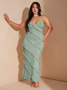 SHEIN BAE Robe longue pour femmes grandes tailles, élégante et sexy, avec volants jaunes à l'ourlet. Idéale pour les vacances à la plage, les fêtes d'anniversaire, les sorties de nuit et les mariages en tant qu'invitée.