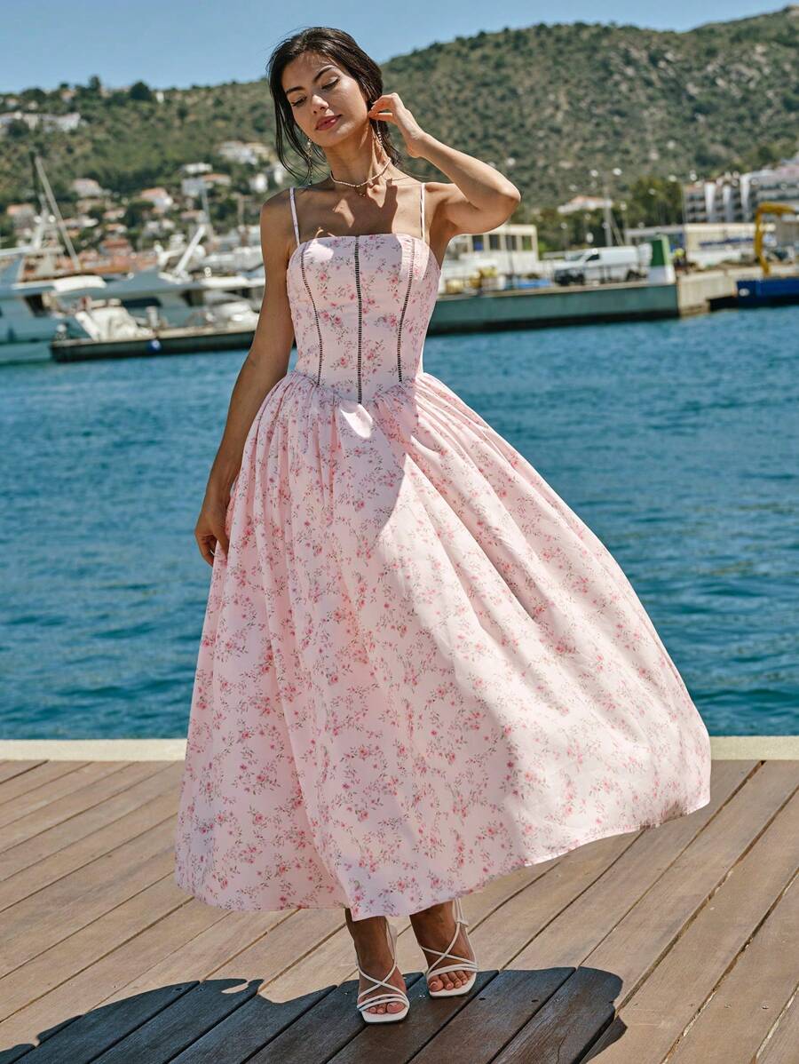Enchnt Spring/Summer Romantic Women's Pastel Pink Floral Print Strap Princess Maxi Dress,Sweet&Elegant For Vacation&Date&Holiday&Party&Graduation&Wedding Guest&Beach,Prom Dress,Summer Dresses For Women,Sun Dresses For Women,Summer Clothes