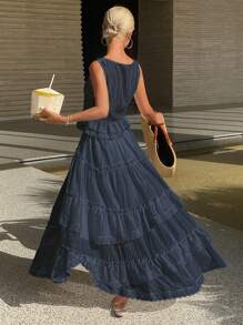 Livesso 2 件套女士纯色蕾丝花边领带吊带背心和中长裙优雅度假装，秋季