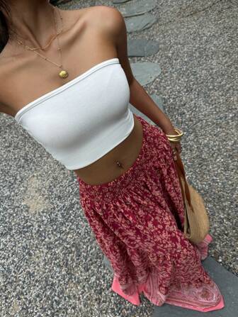 MainGRL Bohemian Clothes Red Floral Woven Skirt For Women Boho Maxi Skirt Bohemian Skirt Long Floral Skirt Long Summer Skirt