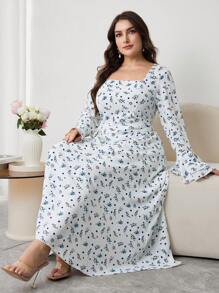 Modelyn Vestido de manga larga con cintura ajustada y estampado floral en color albaricoque para tallas grandes