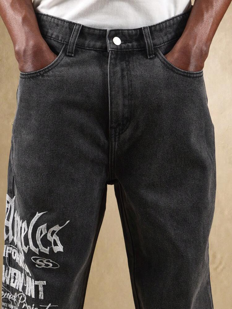 Loose Fit Denim Graffiti Printed Oversized Wide Leg Straight Cut Jeans