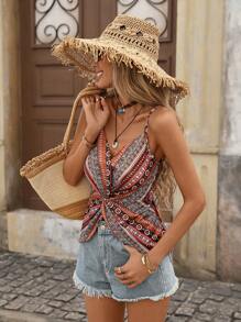 Brillora 幾何印花前扭結吊帶上衣 - 彩色 - 查看 5