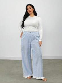 Firerie Damen Große Größen Frühling/ Sommer Lässig, elegante Urlaubskleidung für Zuhause Schleifen-Spitzen-Patchwork gestreifte Gerade Hosen vielseitig einsetzbar für Schulanfang/Abschlusszeit - Verschiedenfarbig - Übersicht 3