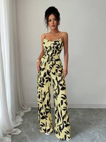 SHEIN Tall 女式休闲花卉印花宽松系带露背连体裤