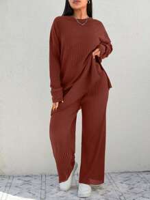 EURMUSE 2pcs Women Plus Size Solid Color Round Neck Drop Shoulder Long Sleeve Top And Pants Set - Redwood - View 3