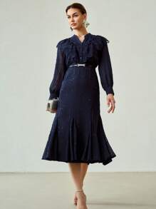MOTF PREMIUM VESTIDO LARGO CON VOLANTES DE TEXTURA SÓLIDA DE BORDADO Y MALLA, BAJO DE COLA DE SIRENA
