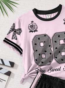 SHEIN Leap Crew Tween Girl 2pcs Set Sweet Bow, English Number 86 & Lace Printed Short Sleeve Top And Shorts, Casual Minimalist Style, Suitable For Summer - Multicolor - View 4