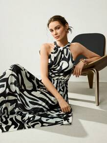 Uhlyne 女士夏季度假海滩休闲通勤工作圆领无袖褶边不对称白色条纹太阳裙中长连衣裙