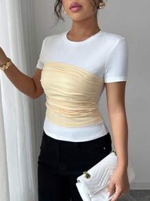 Elenzga Pleated Patchwork Short Sleeve Round Neck Casual Home & Outdoor Elegant Women T-Shirt - White - View 4