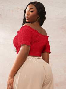 SHEIN SXY Women's Plus Size Bohemian Solid Color Ruffle Off Shoulder Short Sleeve Blouse Red Off The Shoulder Top Red Off Shoulder Crop Top Red Crop Top