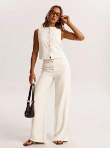 SHEIN BAE 1 Áo không tay vải lanh mùa hè, thoải mái, tối giản, giản dị, có nút cài, thích hợp cho bữa sáng muộn, đi chơi, hẹn hò, đi làm, du ngoạn, áo cánh nữ - Màu be - Xem 7