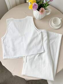 Comfortcana Summer Bohemian White Woven Print 2-Piece Outfit ,2 Piece Cotton Sets Women ,Summer Pants Sets