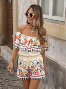 Brillora Ladies' Summer Vacation Style Floral Print Ruffled Off Shoulder Top And Shorts Casual 2Pcs Outfit Short Sets