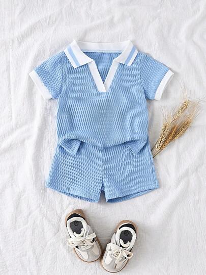 SHEIN Vintaside Kids Baby Boy Summer Solid Green Outfit - Polo Collar Short Sleeve Top Paired With Matching Shorts, Minimalist Style No Graphic, Loose Fit, Suitable For Outings, Casual Home, Light Sports