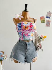 Soleia Plus Size Sun & Heart Print Summer Vacation Tube Top