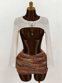 Amplova 春季白色纯色超短款毛衣、长袖上衣 - 杏色 - 查看 1