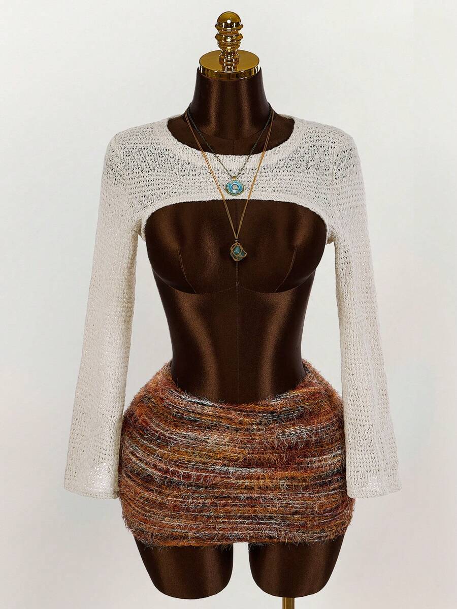 Amplova 春季白色纯色超短款毛衣、长袖上衣 - 杏色 - 查看 1