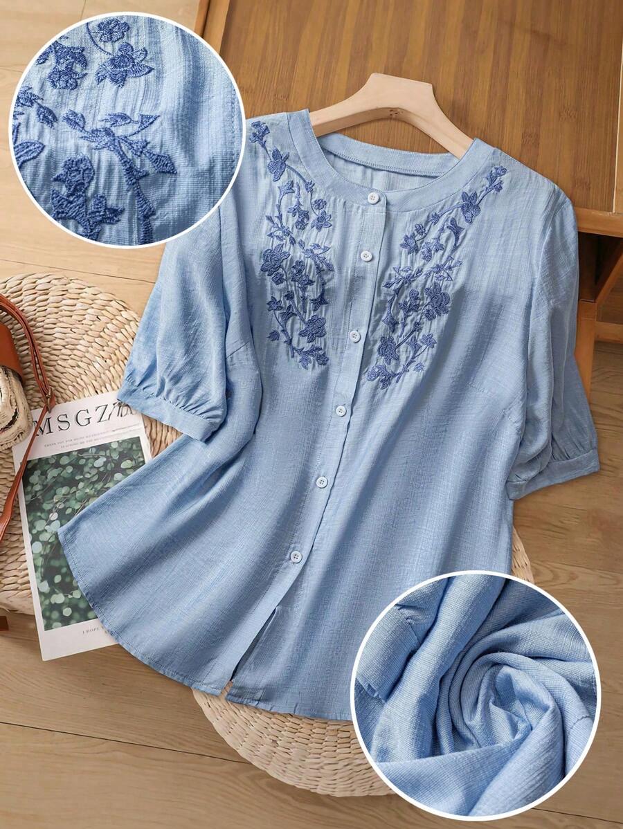Linhara 大码女式花卉刺绣圆领宽松衬衫，时尚百搭优雅休闲夏季女士上衣 - 藍色 - 查看 1